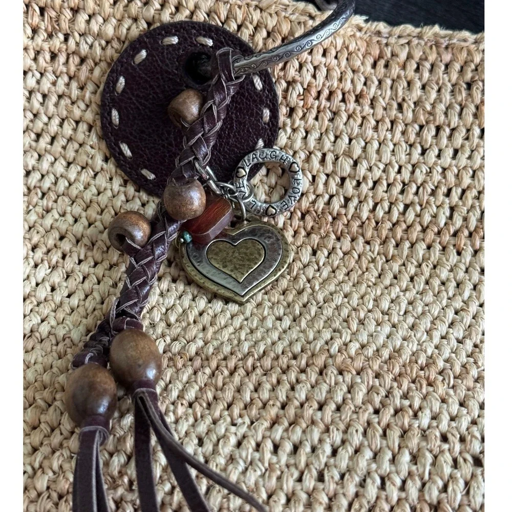 Brighton Straw Woven Raffia Tote Bag Braided Leather Straps Heart Charm Brown